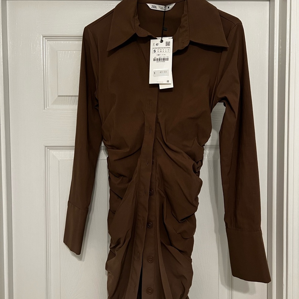 Zara Chocolate Ruched Mini Shirt Dress